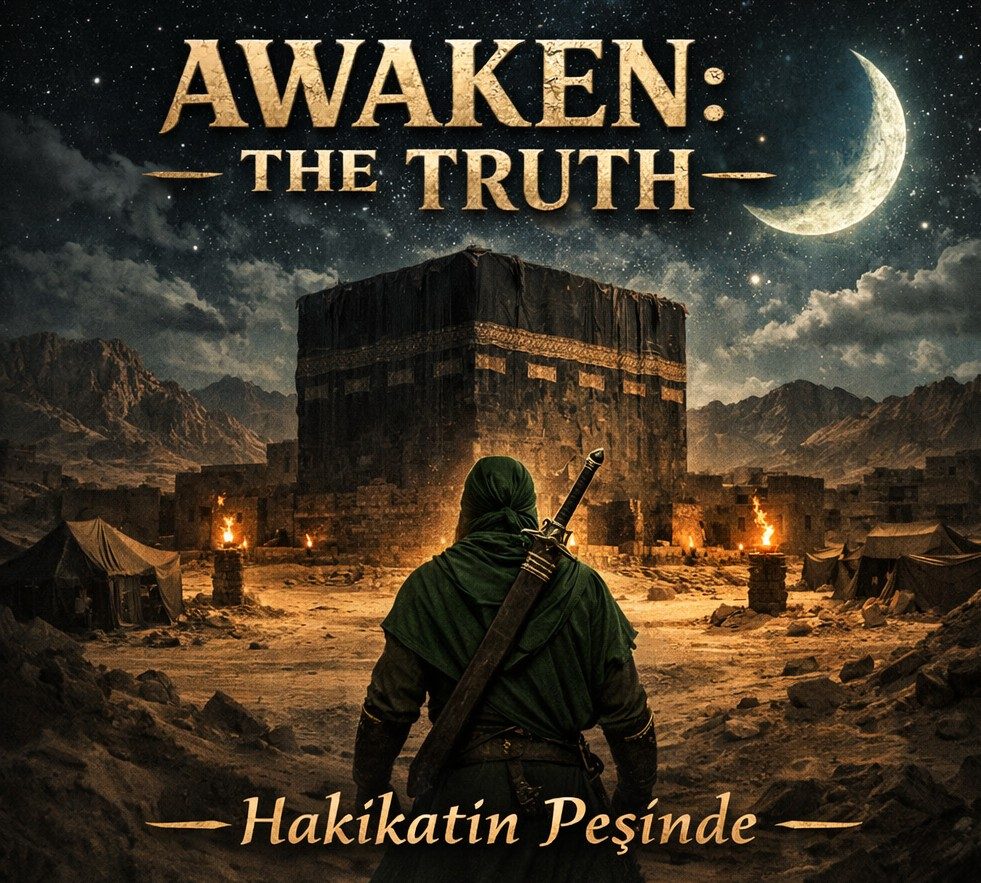 Awaken: The Truth, Hakikatin Peşinde. Gece vakti Kâbe'ye bakan, sırtında kılıç taşıyan yeşil pelerinli savaşçı.